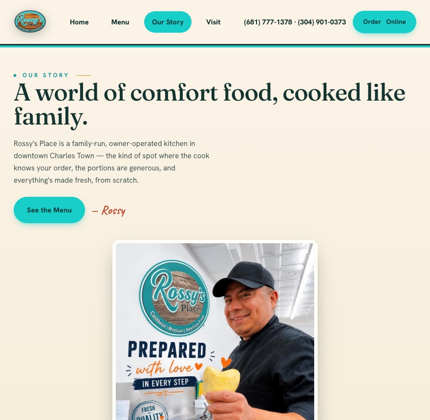 Rossy's Place website — owner Rossy in his Charles Town kitchen on the Our Story page